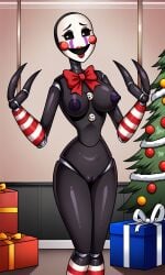 2_fingers ai_generated animatronic black_eyes buttons christmas christmas_present christmas_tree five_nights_at_freddy's five_nights_at_freddy's_2 indoors looking_at_viewer marionette_(fnaf) masked masked_female medium_breasts nipples nude pixai puppet puppet_(fnaf) red_bow red_cheeks red_lips slim_waist striped_arms striped_legs white_pupils