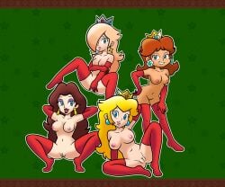 4girls accurate_art_style armwear blonde_hair blue_eyes breasts brown_hair christmas crown female female_only human legwear lisnovski long_gloves long_socks mario_(series) multiple_girls naked nintendo official_style pauline princess princess_daisy princess_peach princess_rosalina pussy quartet red_armwear red_legwear royalty super_mario_bros. tagme voluptuous voluptuous_female