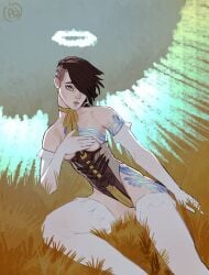 1girls angel_(borderlands) angel_wings applesauce_jack black_hair blue_eyes borderlands borderlands_2 covering_breasts gloves halo implants mohawk outdoors pale_skin ponytail ribbon siren_(borderlands) stockings tattoos