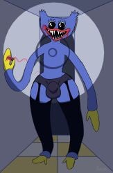 anthro avioylin bulge clothed clothing crossdressing detailed_bulge eyelashes femboy garter_belt garter_straps hi_res huggy_wuggy humor lipstick looking_at_viewer makeup male mob_entertainment monster partially_clothed poppy_playtime sharp_teeth solo teeth thick_thighs toy