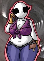 1girls :3 bald bald_female belly belly_button belt black_eyes breasts calling chetoh chubby chubby_female claire_(chetoh) cleavage egg female female_focus female_only gloves hammer jeans oc original original_character phone photo_background shirt smile smiling tied_shirt white_body
