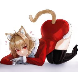 absurdres alternate_costume animal_ear_fluff animal_ears arcueid_brunestud ass ass ass_up big_ass black_thighhighs cat_ears christmas closed_mouth commentary dress english_commentary female fur-trimmed_dress fur_trim gloves grey_gloves highres huge_ass large_ass long_sleeves looking_at_viewer no_shoes red_dress red_eyes short_hair simple_background smile solo thighhighs tsukihime tsukihime_(remake) white_background yotsutsu428