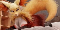 3d_(artwork) absurd_res animal_ear_fluff anthro areola bed bedroom big_areola big_breasts big_tail blender_(artwork) breasts delphox delphox_(furromantic) digital_media_(artwork) female fluffy fluffy_tail fur furniture generation_6_pokemon hi_res inner_ear_fluff inside looking_at_viewer lying nintendo nipples on_bed on_front pokemon pokemon_(species) raised_tail red_eyes solo springycharna tail tuft white_body white_fur yellow_body yellow_fur