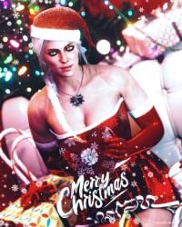 braid breasts cat_eyes cd_projekt_red christmas christmas_hat christmas_outfit christmas_present christmas_tree ciri eziomaverick female freckles light-skinned_female looking_at_viewer mascara scar smiling solo the_witcher_(series) the_witcher_4 white_hair witcher_medallion yellow_eyes