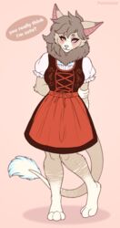 :3 absurd_res alyona_the_floof anthro bent_leg blush canid canine chiropteran clothed clothing corset cute cute_fang cute_fangs dirndl dress embarrassed english_text female fox furasaur hi_res holding_arm looking_at_viewer mammal shy smile solo text tracht