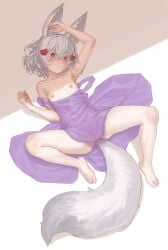 agemmata animal_ears arm_up armpits barefoot blush clothes_pull covered_navel covered_pussy dress dress_pull english_commentary female fingernails flat_chest fox_ears fox_girl fox_tail grey_hair hair_ornament heart heart_hair_ornament highres lying nipples on_back parted_lips phase_connect purple_dress purple_eyes see-through_clothes see-through_dress sharp_fingernails short_hair solo spread_legs strap_slip tail tenma_maemi virtual_youtuber