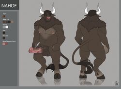 2020 apple-faced ass balls big_penis black_hair bovid bovine brown_body brown_eyes brown_fur brown_hair cattle cloven_hooves digital_media_(artwork) english_text erection full-length_portrait fur genitals hair hi_res hooves horn male mammal model_sheet multiple_versions navel nude penis pink_nose portrait signature solo standing text veiny_muscles white_horn