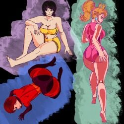 3girls big_ass big_breasts blue_eyes cel_shading cheesecakevalentine elastigirl helen_parr huge_ass jucika looking_back masochistmaverick nintendo on_all_fours posing princess_peach smile twerking