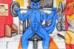 absurd_res age_difference anthro black_mouth black_nipples black_sclera breasts clothed clothing dumbbell duo eeveelution erection erection_under_clothing exercise female flareon generation_1_pokemon gym hi_res male male/female mature_female muscular muscular_anthro muscular_female nintendo nipples one_breast_out pokemon pokemon_(species) surprise surprised_expression vaporeon weights younger_male zortrex