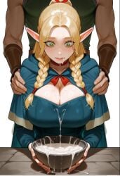 , 1girls big_breasts blonde_hair bowl braided_hair braided_pigtails breasts cape cleavage cum cum_in_bowl cum_in_container cum_on_food dungeon_meshi elf faceless_male female genital_fluids green_eyes humanoid imminent_gokkun large_breasts light-skinned_female light_skin marcille_donato pointy_ears simple_background solo thick_cum twintails white_background