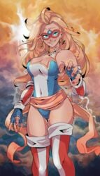 1girls big_breasts blonde_hair blue_eyes breasts charlotte_vanders female_focus female_only kamen_america kamen_america_(character) kamen_america_(series) long_hair looking_at_viewer smile superhero superheroine tagme thick_thighs thighs tight_clothing tight_fit