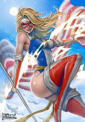 1girls american_flag blonde_hair blue_eyes breasts charlotte_vanders female_only female_superhero hibren kamen_america kamen_america_(character) kamen_america_(series) long_hair smile superhero superheroine tagme