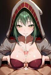 1boy 1girls ai_generated blossomtea blush breasts cape civitai clothed_female_nude_male collarbone covered_nipples cum echidna_(maha_no_hanashi) ejaculation green_eyes green_hair half-closed_eyes hood hood_up hoodie large_breasts light_blush light_smile maha_no_hanashi masa_works_design medium_hair navel nude o-ring o-ring_top paizuri paizuri_under_clothes penis self_upload sidelocks sleeves_past_elbows straight testicles