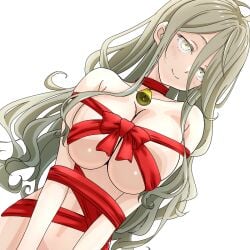 bare_arms bare_shoulders blonde_hair blush bondage bondage breasts cleavage closed_mouth collarbone huge_breasts long_hair make_heroine_ga_oo_sugiru! naked_ribbon neck_bell ruri_(ruri) shikiya_yumeko smile upper_body yellow_eyes