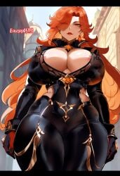 ai_generated curvy_figure evilkuro05 genshin_impact massive_ass massive_breasts mavuika_(genshin_impact) motorcycle_suit thick_hips thick_legs voluptuous_female walking wide_hips