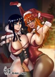 2girls bare_arms bare_legs bare_shoulders bare_thighs big_breasts biting_lip black_hair blue_eyes christmas christmas_hat christmas_outfit clothed clothing color female female_focus female_only hi_res large_breasts light-skinned_female light_skin long_hair nami_(one_piece) nico_robin one_piece orange_eyes orange_hair solo_female tagme thick_thighs yaki_chun