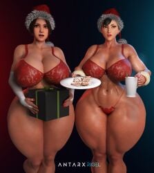 2girls 3d antarxrigel artist_signature asian asian_female big_breasts black_hair box brown_hair candy_cane capcom christmas_lingerie christmas_outfit chun-li crossover curvaceous curvy_female fatal_fury female g-string gingerbright holding_object huge_thighs large_breasts light-skinned_female light_skin mai_shiranui present santa_hat snk standing street_fighter thick thick_thighs voluptuous voluptuous_female wide_hips