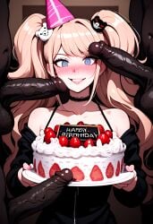 1girls 3boys african_male ai_generated big_penis birthday_cake birthday_gift birthday_hat blue_eyes cock_worship danganronpa danganronpa:_trigger_happy_havoc danganronpa_(series) dark-skinned_male interracial junko_enoshima light_skinned_female pink_hair pleasure_face