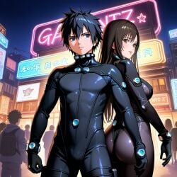 1boy 1girls ai_generated crossover fairy_tail female gantz gantz_suit gray_fullbuster male reika_shimohira