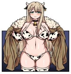 1girls aia_amare armwear bare_thighs bell belly_button big_breasts bikini blue_eyes blush braid coat coat_on_shoulders collar cow_ears cow_girl cow_horns cow_print cow_print_armwear cow_print_bikini cow_print_legwear cow_print_stockings cow_print_thighhighs cowbell ear_tag exposed_thighs exposed_torso fur_coat hair_between_breasts hi_res highres legwear light_brown_hair looking_at_viewer navel nijisanji nijisanji_en open_coat sassa solo solo_female solo_focus stockings thigh_gap thighhighs thighs tummy virtual_youtuber