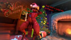 16:9 3d_(artwork) big_penis bodily_fluids christmas christmas_clothing christmas_headwear christmas_tree clothing demon digital_media_(artwork) femboy fireplace genital_fluids genitals gift hat headgear headwear helluva_boss hi_res holidays imp male mistletoe mistletoe_on_tail moxxie_(helluva_boss) moxxie_(valorlynz) penis plant precum santa_hat solo sourcebumbiscuit tree widescreen