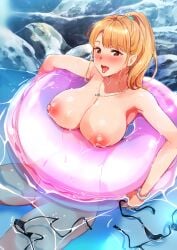 ane_wa_yanmama_junyuu-chuu ane_wa_yanmama_junyuuchuu_in_atami_da~!! bikini black_bikini blonde_hair blush breasts engawa_suguru female high_ponytail highres innertube large_breasts long_hair mature_female micro_bikini nipples open_mouth partially_submerged sano_aika smile solo swim_ring swimsuit tongue tongue_out unworn_bikini