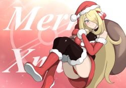 1girls absurd_res ass blonde_hair blush boots breasts cameltoe christmas christmas_outfit creatures_(company) cynthia_(pokemon) detached_sleeves english_text game_freak gloves grey_eyes hair_over_one_eye hi_res long_hair looking_at_viewer merry_christmas nintendo nivi panties pokemon pokemon_dppt red_panties sack santa_costume santa_hat smile solo text thighhighs thighs upskirt very_long_hair