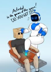 anon astro_bot astro_bot_(series) breasts chair child_bearing_hips color curvy diklonius english_text feet_on_balls female hi_res huge_breasts male paper_bag robot robot_girl screen_face text thick_thighs voluptuous wide_hips