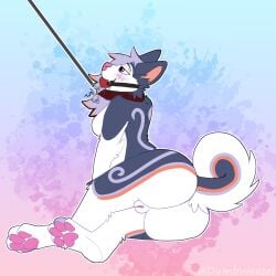 anthro ass ball_gag blush butt_focus canid canine canis collar domestic_dog female gag genitals hair hi_res humanoid husky leash leash_pull lying mammal nordic_sled_dog purple_hair pussy solo spicy_weasel spitz weaseldumb zoey_(husky_boi)