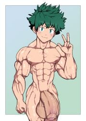 1boy completely_nude_male cute_male deku flaccid_penis gigantic_penis huge_cock large_penis looking_at_viewer lostanemone muscular_male smile