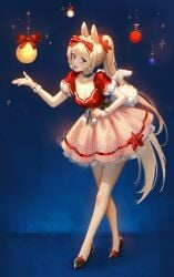 animal_ears bangs blonde_hair blue_background blue_eyes bow bracelet breasts christmas cleavage dress female frills full_body hairbow high_heels jewelry long_hair looking_at_viewer medium_breasts open_mouth ponytail puffy_short_sleeves puffy_sleeves red_bow ribbon shoes short_sleeves smile solo standing very_long_hair vyugen wrist_cuffs yenko