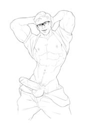 1boy abs biceps blonde_hair celebrity chris_hemsworth dizdoodz flexing ghostbusters ghostbusters_(2016) glasses half-dressed huge_cock kevin_beckman lad male_only manly monochrome muscular pecs penis precum thick_thighs uncolored uncut