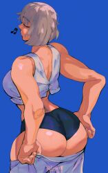 absurdres ass blue_background blue_shorts closed_eyes crop_top dungeon_meshi falin_touden female from_behind highres musical_note pulling_own_clothes relusionh shirt short_hair shorts singing t-shirt white_shirt