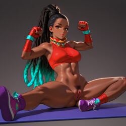 ai_generated bottomless brown_skin c.c.leah kimberly_jackson pubes pubic_hair street_fighter street_fighter_6 stretching vagina yoga yoga_mat