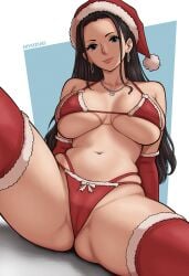 1girls bare_arms bare_legs bare_shoulders bare_thighs big_breasts bikini bikini_bottom bikini_top black_hair blue_eyes christmas christmas_hat christmas_outfit clothed clothing color female female_focus female_only hi_res hiyozuki large_breasts light-skinned_female light_skin long_hair looking_at_viewer nico_robin one_piece shounen_jump solo solo_female spread_legs tagme thick_thighs