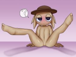 1boy ? aragota_(artist) black_eyes blush commentary commentary_request dialogue hat highres incredibox_mod korean_commentary male male_only purple_background sfw spread_legs sprunki sweat tan_body tan_skin tunner_(sprunki)