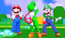 3boys 3d 3d_(artwork) anthro arms_behind_head balls blue_overalls closed_eyes clothed clothed_male_nude_male clothing dinosaur dr.ivopingasnik erection facial_hair gay green_hat green_shirt green_skin green_yoshi hat human long_tongue looking_at_another looking_at_viewer luigi male male_nipples male_only mammal mario mario_(series) mature mature_male moustache nintendo nipples outdoors overalls penis red_hat red_shirt reptile scalie shirt shoes super_mario_bros. tail tongue white_gloves yoshi