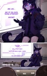 1girls amora_(oc) blue_eyes classroom comic dialogue faceless_male fox_ears fox_tail inviting jacket light-skinned_female light_skin long_hair multiple_boys original_character pmc_promiscuity purple_hair tagme