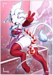 2024 absurd_res accessory anal_hook anthro ass big_ears blush breasts camera_hud candy_cane_dildo candy_cane_in_ass candy_cane_in_pussy christmas christmas_clothing christmas_stocking christmas_tree clothed clothing ear_piercing ear_ring fan_character female fluffy_chest fur furgonomics gesture guardian_spirit hand_gesture harness hi_res holidays holocesaphira hook_in_ass hooves looking_at_viewer microsoft nipple_outline ori_(series) piercing plant pupils red_clothing ring_on_leg ring_piercing rope ruff safi_(holocesaphira) solo tail tail_accessory tail_tuft tailband tree tremble_spikes tuft v_sign white_body white_fur white_pupils xbox_game_studios