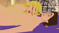 1boy 1girls accurate_art_style after_sex bedroom blonde_hair blush canon_couple closed_eyes disney disney_channel disney_princess eugene_fitzherbert female freckles laying_on_person long_hair male mehefin013 nude open_mouth rapunzel tangled tangled:_the_series wedding_night