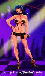 agent_x athletic athletic_female bare_legs bare_midriff bare_shoulders big_breasts blue_eyes blue_hair bracelet breasts bursting_breasts choker cleavage club collar earrings eyeliner female female_focus female_only full_body high_heels huge_breasts jewelry large_breasts lipstick makeup mascara microskirt nail_polish navel navel_piercing overflowing_breasts party pendant piercing pose posing provocative public rave_outfit revealing_clothes shaved_pussy short_hair sideboob skimpy skimpy_clothes skirt solo standing strapless_bra studio-pirrate_(rosselito) underboob