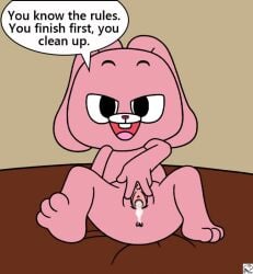 anais_watterson anus barefoot black_eyes colored_skin copyright_request cum cum_in_pussy dialogue_box english_text looking_at_viewer off-topic pedophilia pink_skin pussy spread_pussy the_amazing_world_of_gumball