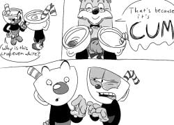 animate_inanimate bodily_fluids comic cum cuphead cuphead_(game) dialogue disgusted_expression elder_kettle english_text genital_fluids humor male male_only monochrome mugman simple_background spwnkage text toony