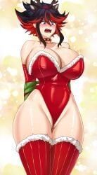 1girls 2024 angry angry_face big_breasts blue_eyes blush christmas female female_only holidays kill_la_kill matoi_ryuuko multicolored_hair pale-skinned_female pale_skin reindeer_antlers reindeer_costume ryuukusnpaiarts studio_trigger tagme thick_thighs tied_hands