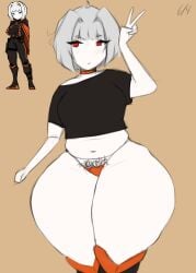 library_of_ruina lobotomy_corporation lumi_xiii myo_(lobotomy_corporation) orange_eyes peace_sign project_moon pubic_hair thick_thighs thighhighs white_hair white_skin
