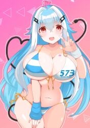 bemani bikini blue_archive hand_on_thigh huge_breasts ichika_(blue_archive) konami navel round_breasts skindentation slender_waist small_waist spherical_breasts thick_thighs v wide_hips