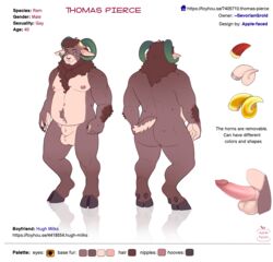 2020 amber_eyes animal_genitalia anthro apple-faced arm_hair ass balls body_hair bovid brown_body brown_hair caprine cloven_hooves digital_media_(artwork) english_text erection fully_sheathed furry genitals green_horn hair hi_res hooves horn horn_ring humanoid_genitalia humanoid_penis looking_at_viewer male mammal model_sheet multiple_versions nude penis sheath solo standing stomach_hair text url