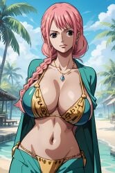 ai_generated big_breasts bikini boobs braided_ponytail cleavage earring female female_only long_hair necklace one_piece pink_hair rebecca_(one_piece) the_way_(artist)