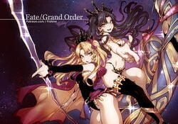 blonde_hair curvy dark_hair ereshkigal_(fate) fate/grand_order fate_(series) fishine ishtar_(fate) leotard looking_at_viewer sisters thick_thighs thighhighs weapon yellow_eyes