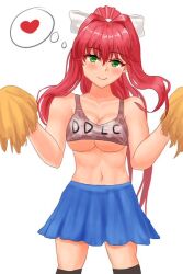 1girls abs barely_covered_breasts blue_skirt bow brown_hair buff cheerleader cheerleader_costume cheerleader_outfit cheerleader_uniform doki_doki_literature_club female female green_eyes heart long_hair looking_at_viewer monika_(doki_doki_literature_club) ponytail red_heart shirt skirt smiling smiling_at_viewer solo strong t2teiz text text_on_shirt white_bow